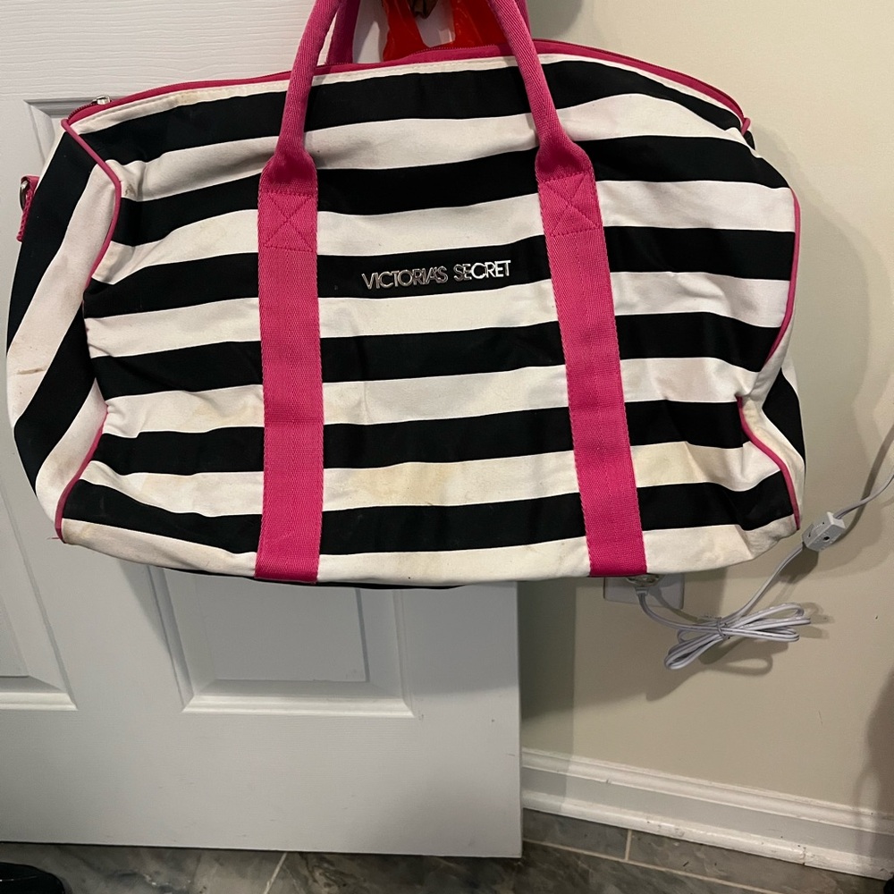 Victoria's Secret Black and White Striped Bag with Pink Accents